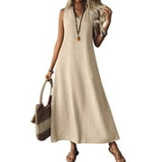 TIANIYOUQING Women's Linen Maxi Dresses Sleeveless Flowy Zip Up Lightweight Holiday Gauze Dresses V Neck Loose Vacation Sundresses Beige XXL