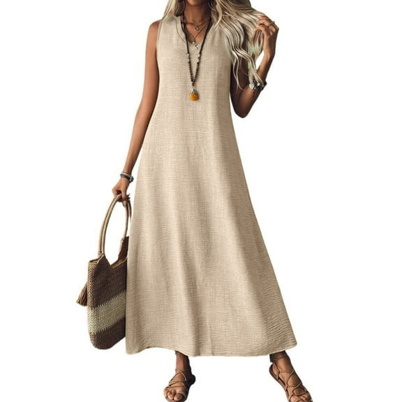Tianiyouqing Women's Linen Maxi Dresses Sleeveless Flowy Zip Up Lightweight Holiday Gauze Dresses V Neck Loose Vacation Sundresses Beige XXL