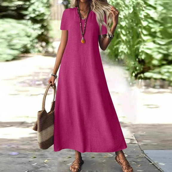 Tianiyouqing Women's Linen Maxi Dresses Zipper Up Short Sleeve Flowy Summer Party Tank Dresses V Neck Fall Travel Tshirt Dresses Hot Pink XXL