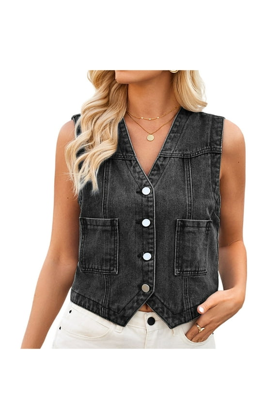 Women's Oversized Vests V Neck Denim Cropped Low Cut Jean Shirt Sleeveless Button Down Distressed Dress Tank Jackets Black S