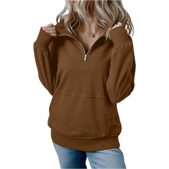 Tianiyouqing Women's Quarter Zip Oversized Sweatshirts Fleece Quarter Zipper Pullover Hoodies 2025 Mock Neck Fall Workout Jacket Brown XL