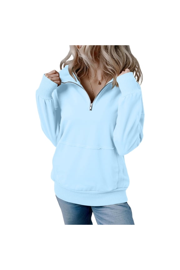 Women's Quarter Zip Oversized Sweatshirts Fleece Quarter Zipper Pullover Hoodies 2025 Mock Neck Fall Workout Jacket Sky Blue XL