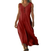 TIANIYOUQING Womens Linen Maxi Dress with Pockets Botton Down Henley Cocktail Comfy Tank Dresses Sleeveless Vacation Boho Midi Sundresses Navy S