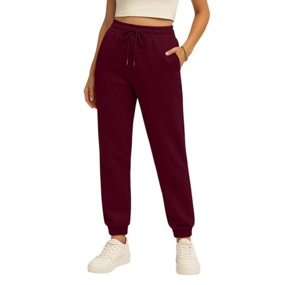 Tianiyouqing Women's Sports Sweatpants Stretchy Waist High Waisted Drawstring Relaxed-Fit Jogging Pants Fall Fleece Lined Cinch Bottom Loose Long Trousers Wine L