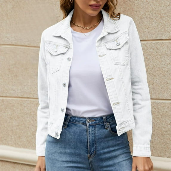 Tianiyouqing Women's Stretch Denim Jacket Basic Solid Button Down Jean Coat Relaxed Fitted Long Sleeves Shacket Outerwear with Pockets White M