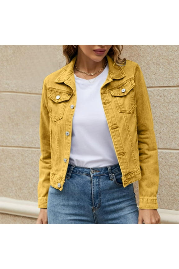 Women's Stretch Denim Jacket Basic Solid Button Down Jean Coat Relaxed Fitted Long Sleeves Shacket Outerwear with Pockets Earthy Yellow S