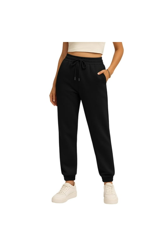 Women's Sweatpants Y2k Cozy Baggy Elastic Bottom Pants Fleece Lined Drawstring Elastic Waist Cotton Jogging Pants Summer High Waisted Casual Long Trousers Black S