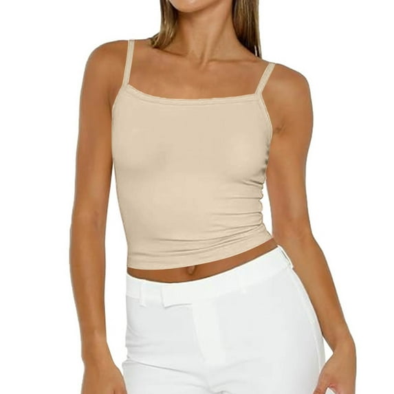Tianiyouqing Women's Tank Top with Cami Shapewear Camisole Tops Dressy Cropped Shirts Racerback Adjustable Spaghetti Strap Basic Square Neck Sleeveless Double Lined Layered Beige L