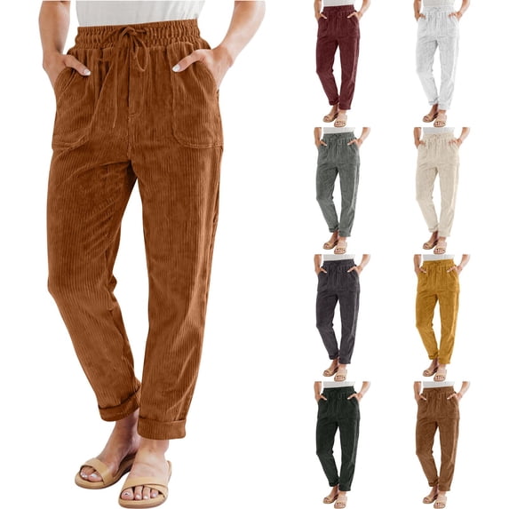 Tianiyouqing Women's Vintage Corduroy High Elastic Waist Drawstring Wide Leg Pocketed Pants Trouser Ginger M