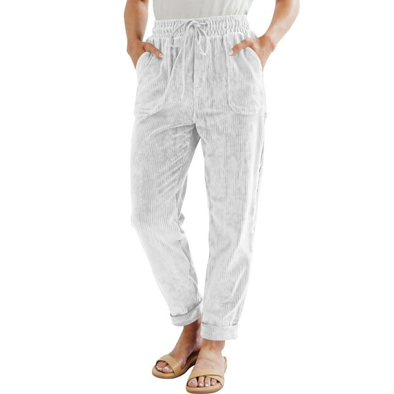 Tianiyouqing Women's Vintage Corduroy High Elastic Waist Drawstring Wide Leg Pocketed Pants Trouser White M