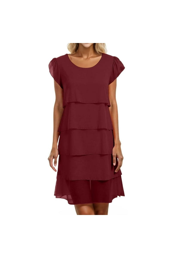 Womens Business Chiffon Dresses 2025 Knee Length Tiered Layered Tulle Plus Size Midi Dresses Crew Neck Short Sleeve Wedding Guest a Line Dresses Wine S