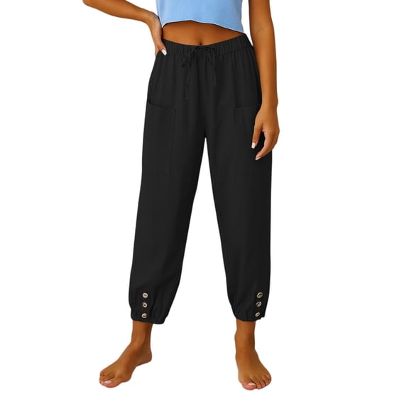 Tianiyouqing Women Straight Leg Capris Pants 2025 Linen Elastic Waist Breathable Wide Leg Lounge Harem Pants Petite Length High Waisted Drawstring Button Cropped Trousers BlackXL