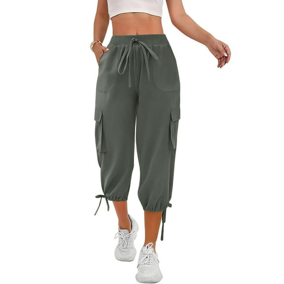 Tianiyouqing Womens Capris Soft Cargo with 4 Pockets Drawstring Quick Dry Adjustable 2025 Parachute Pants High Waisted Elastic Waist Wide Leg Golf Baggy Pants Gray XL