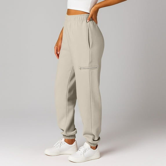 Tianiyouqing Womens Cinch Bottom Sweatpants Sports Fleece Lined Elastic Waisted High Waisted Trendy Traveling Pants Wide Leg Exercise Cargo Sweatpants with Pockets Beige 2XL