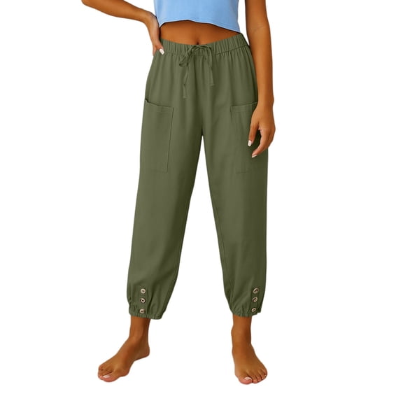 Tianiyouqing Womens Cotton Capri Pants Linen Wide Leg Drawstring Petite Length Maternity Parachute Pants Elastic Waist Breathable High Waisted Trendy Gauze Pants Army GreenXL