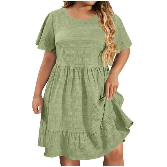 Tianiyouqing Womens Cute Dresses Plus Size Ruffle Tiered Layered Crew Neck Work Pleated Dresses Oversized Short Sleeve Casual Midi Dresses Mint Green 5XL