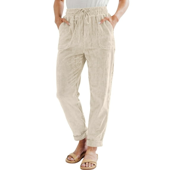 Tianiyouqing Womens Elastic Waist Straight Leg Drawstring Corduroy Pants with Pockets Beige S