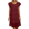 thumbnail image 1 of Tianiyouqing Womens Elegant Chiffon Dresses Crew Neck Knee Length Tiered Layered Summer Long Dresses Tulle Short Sleeve Business Maxi Dresses Wine S, 1 of 6