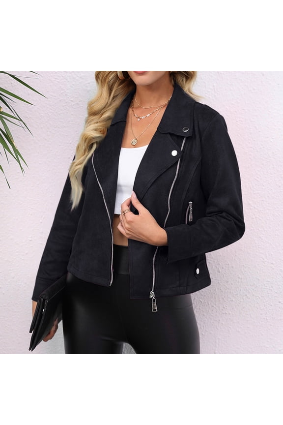 Womens Faux Suede Jacket 2024 Fall Winter Clothes Casual Zipper Cropped Coat Bomber Biker Moto Jackets Outwear Black L