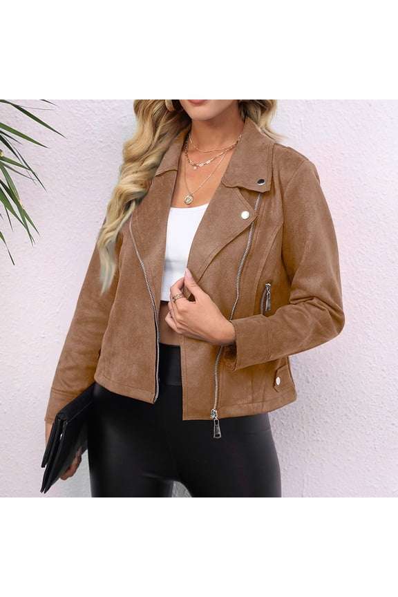 Womens Faux Suede Jacket 2024 Fall Winter Clothes Casual Zipper Cropped Coat Bomber Biker Moto Jackets Outwear Brown L