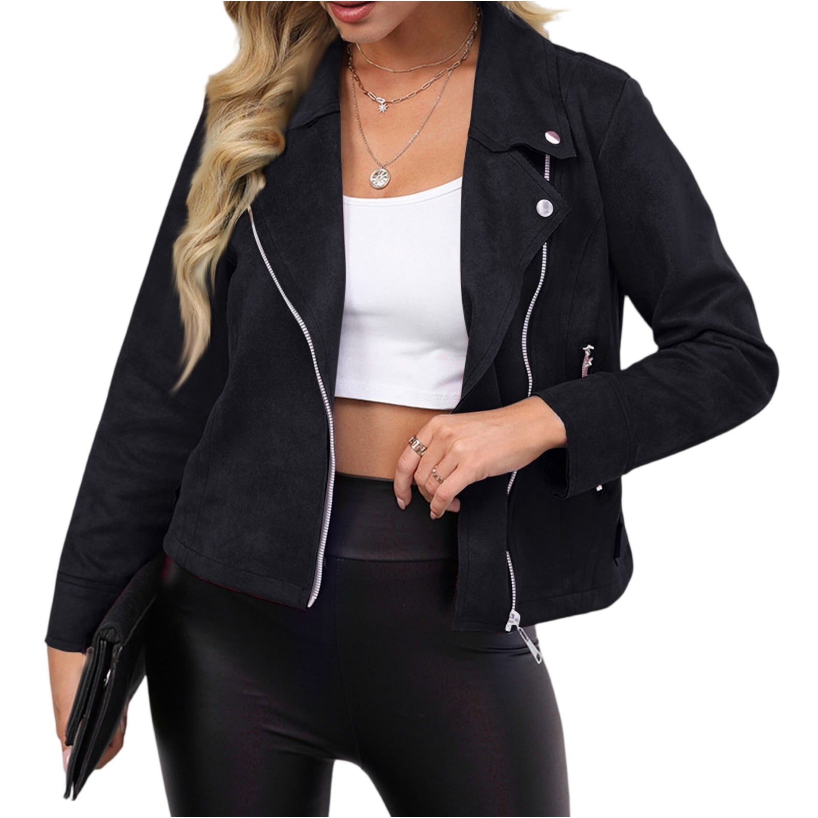 Tianiyouqing Womens Faux Suede Jacket Fall Winter Fashion Casual Oversized Faux Leather Blazer Jacket Trench Coat Black L