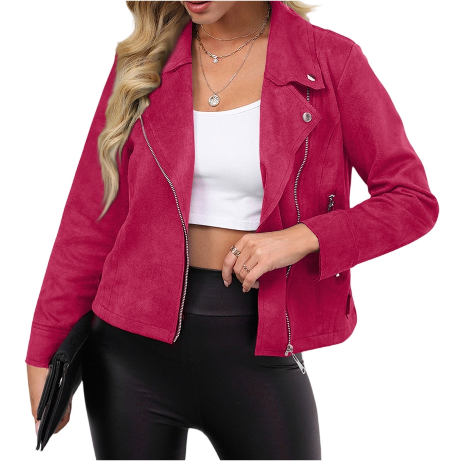 Tianiyouqing Womens Faux Suede Jacket Fall Winter Fashion Casual Oversized Faux Leather Blazer Jacket Trench Coat Hot Pink L