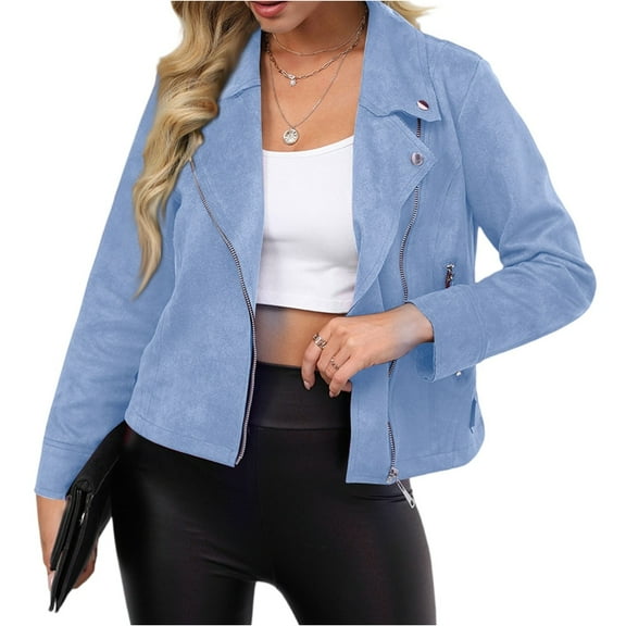 Tianiyouqing Womens Faux Suede Jacket Fall Winter Fashion Casual Oversized Faux Leather Blazer Jacket Trench Coat Light Blue S