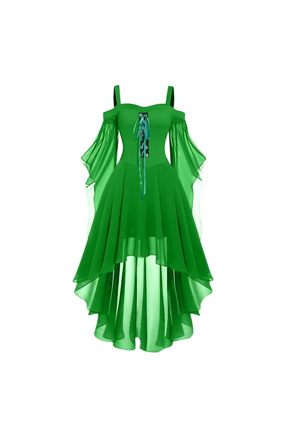 Womens Gothic Dress Cold Shoulder Chiffon Butterfly Sleeve Dress Halloween Clothes Medieval Steampunk Witch Dress Green M