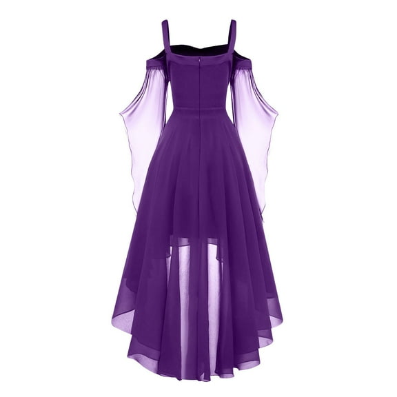 Tianiyouqing Womens Gothic Dress Cold Shoulder Chiffon Butterfly Sleeve Dress Halloween Clothes Medieval Steampunk Witch Dress Purple Pink S