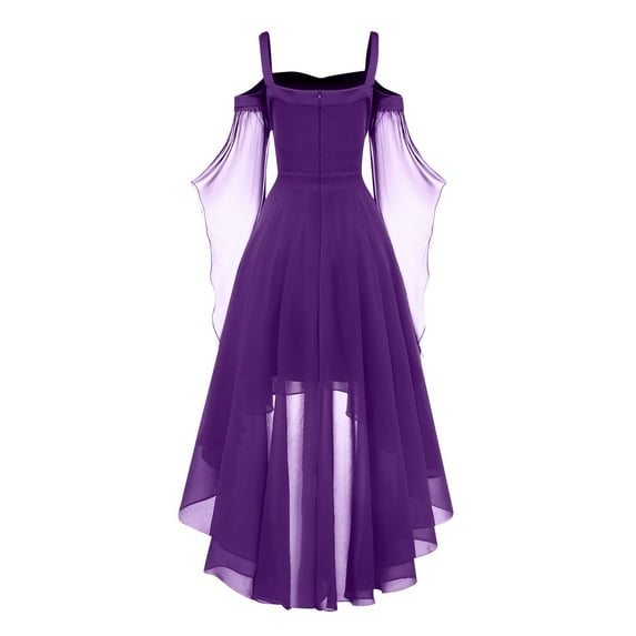 Tianiyouqing Womens Gothic Dress Cold Shoulder Chiffon Butterfly Sleeve Dress Halloween Clothes Medieval Steampunk Witch Dress Purple Pink XL