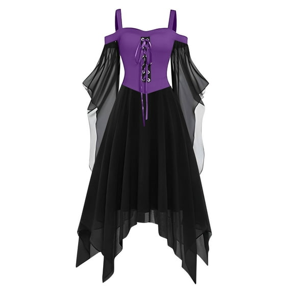 Tianiyouqing Womens Gothic Dress Cold Shoulder Chiffon Butterfly Sleeve Dress Halloween Clothes Medieval Steampunk Witch Dress Purple XXXL