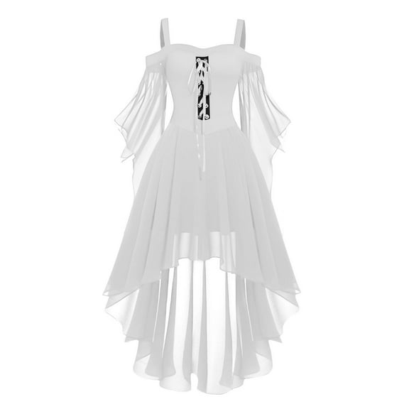 Tianiyouqing Womens Gothic Dress Cold Shoulder Chiffon Butterfly Sleeve Dress Halloween Clothes Medieval Steampunk Witch Dress White S