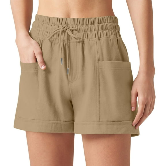 Tianiyouqing Womens Jean Shorts Elastic Waist Linen 7 Inch Inseam Low-Rise Mid-Thigh Drawstring Compression Shorts Comfy Maternity Everyday Bermuda Shorts with Pockets Beige XL