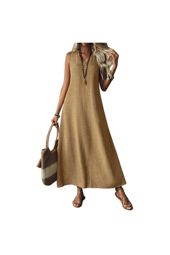 Womens Linen Dresses Maxi Sleeveless Zipper Up Plus Size Vacation Beach Dresses Flowy V Neck Lightweight Wedding Guest Sundresses Light Brown S