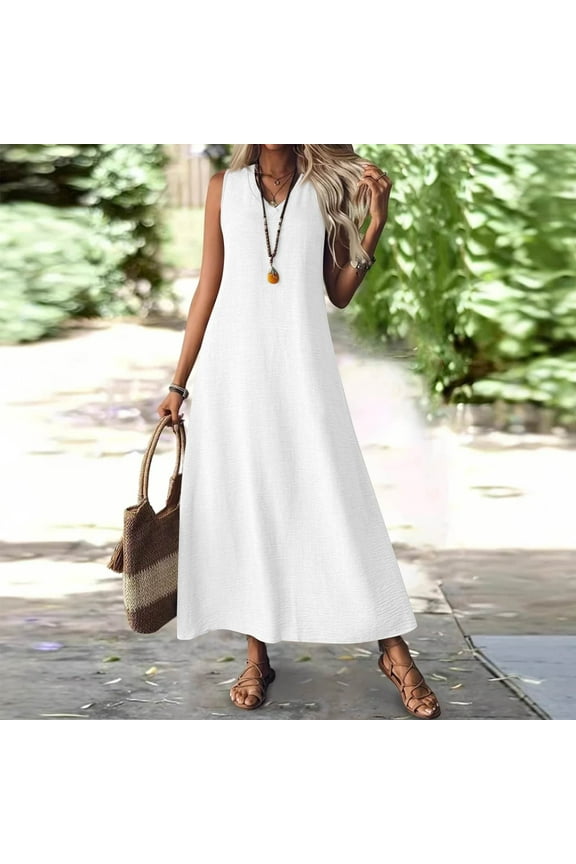 Womens Linen Maternity Dresses V Neck Sleeveless Cover Up Holiday Long Dresses Zip Up Flowy Pleated Business Sundresses White S