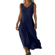 TIANIYOUQING Linen Maternity Maxi Dresses for Women 2025 Henley Botton Down Business Boho Tshirt Sundresses Sleeveless Party Comfortable Tank Dresses Army Green L