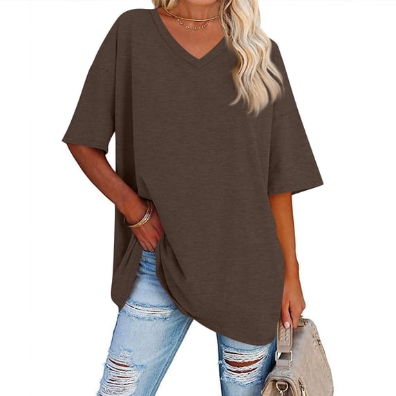 Tianiyouqing Womens Loose Fit Casual Tops 2025 Basic Drop Shoulder V Neck Vintage Workout Oversized T-Shirt Elbow Length Short Sleeve Comfy Hiking Long Shirts Coffee M