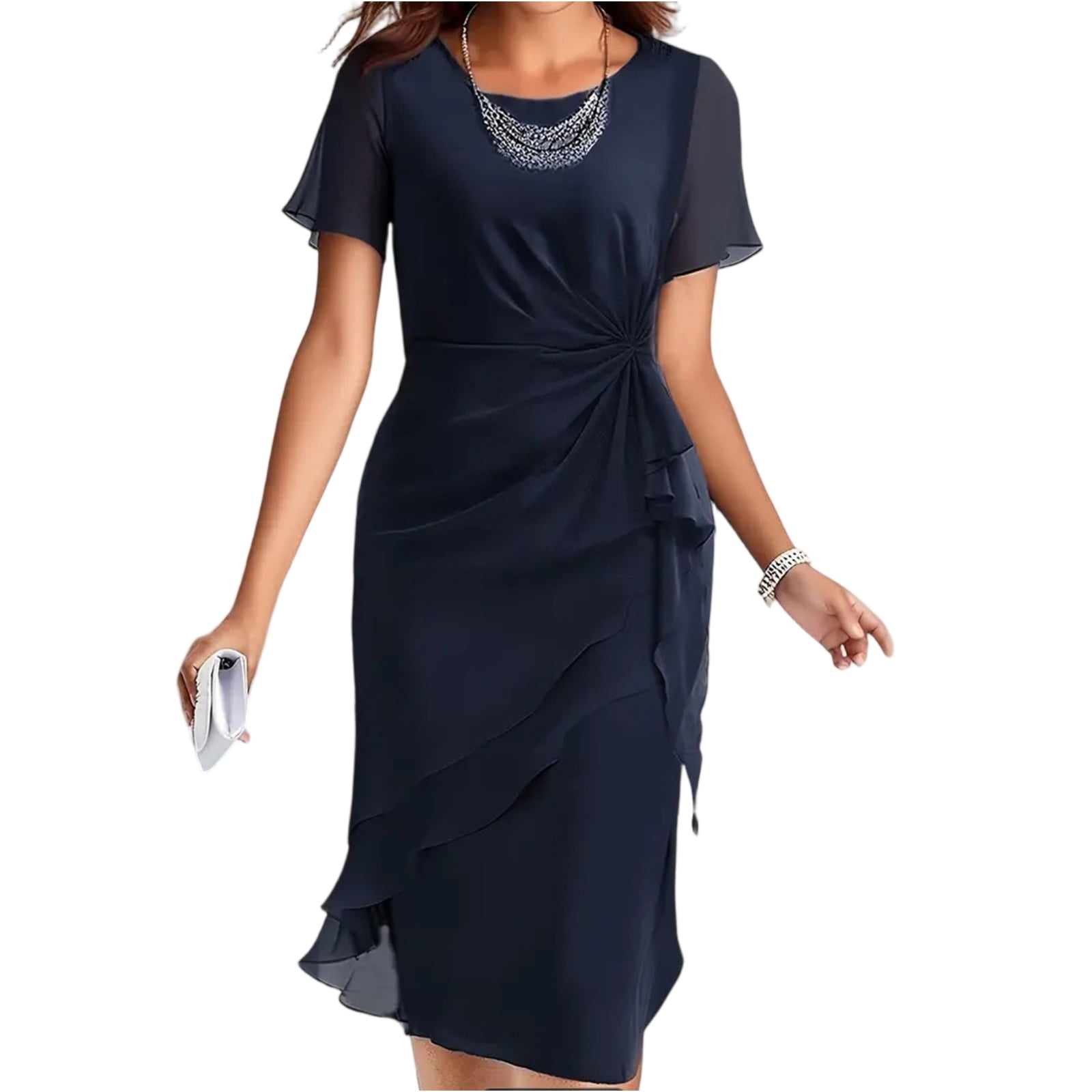 Tianiyouqing Womens Midi Chiffon Dress Knee Length Tulle Short Sleeve Evening Cocktail Dresses Tiered Layered Crew Neck Trendy Long Dresses Dark Blue