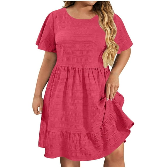 Tianiyouqing Womens Pleated Dresses Oversized Plus Size Ruffle Tiered Layered Spring T Shirts Dresses Crew Neck Cotton Linen Modest Pleated Dresses Hot Pink L