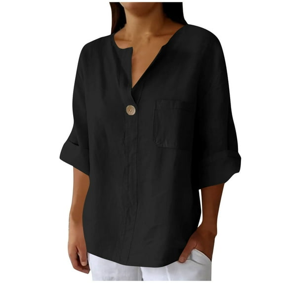 Tianiyouqing Womens Shirts 3/4 Sleeve Cotton Linen Gauze Tops Casual Button V Neck Blouses Loose Fit with Pocket Black 2XL
