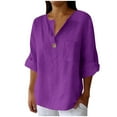 thumbnail image 1 of Tianiyouqing Womens Shirts 3/4 Sleeve Cotton Linen Gauze Tops Casual Button V Neck Blouses Loose Fit with Pocket Purple L, 1 of 6