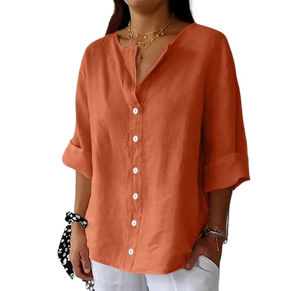 Tianiyouqing Womens Shirts 3/4 Sleeve Cotton Linen Gauze Tops Casual Button V Neck Button Blouses Loose Fit Saffron XL