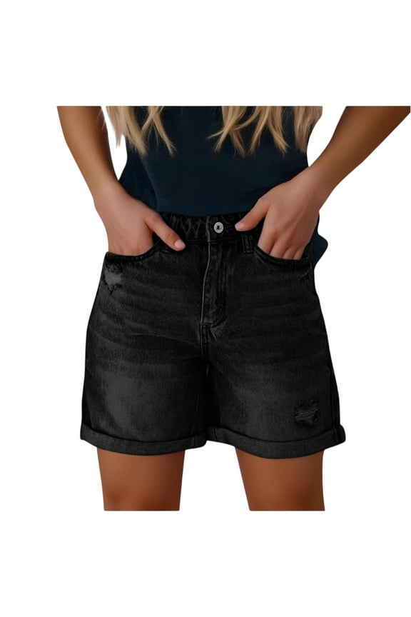 Womens Shorts Jeans Mid Thigh Wide Leg Mid Rise Tummy Control Distressed Loose Fit Denim Shorts Ripped Roll Hem Elastic Waist Going Out Jorts Black XL