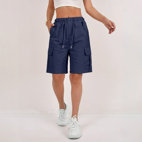 Tianiyouqing Womens Wide Leg Elastic Bermuda Cargo Shorts Knee Length Elastic Waist High Waisted Hiking Shorts Waterproof Pull on Sweat Shorts with Pockets Dark Blue M