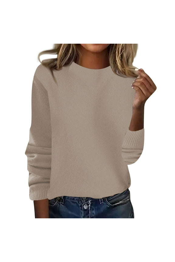 Women's 100 Percent Pure Wool Sweater Long Sleeve Pullover Crew Neck Tops for Woman Khaki XL