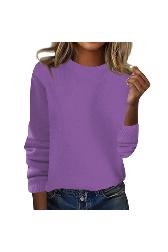 Women's 100 Percent Pure Wool Sweater Long Sleeve Pullover Crew Neck Tops for Woman Purple XL
