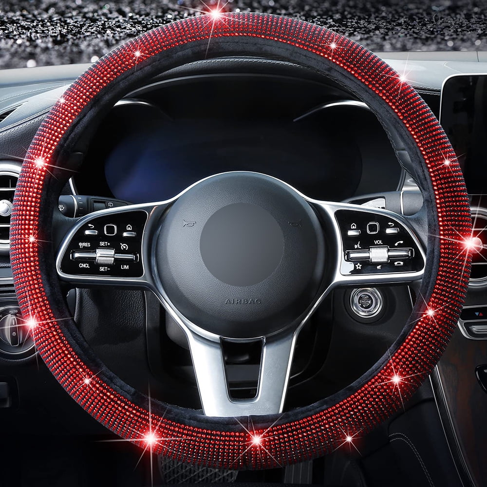 Fluffy Steering Wheel Cover With Rhinestones - Universal 15 Inch, Anti-Slip Plush Cover For Women