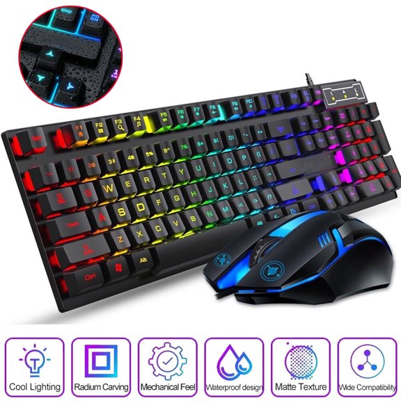 Tianlaimei Wire Gaming Keyboard & Mouse Combo USB RGB Rainbow Backlit for PC Laptop Gamers