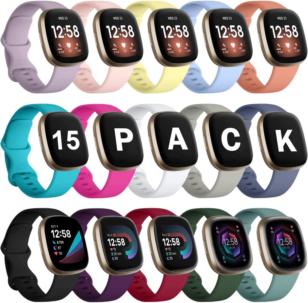 Tianle 15 Pack Bands Compatible with Fitbit Versa 3 Bands/Versa 4 Bands/Fitbit Sense 2/Sense Bands,Soft Replacement Waterproof Sport Watch Strap Wristband for Fitbit Versa 3 Bands for Women Men Small