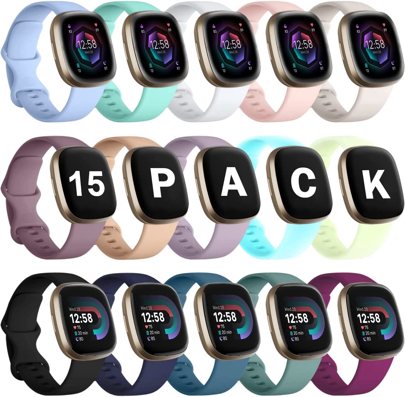 Tianle 15 Pack Compatible with Fitbit Versa 3 / Sense Soft Replacement Wristband for Women, Halloween Nightglow Sport Watch Strap for Women Men Small 15 Pack
